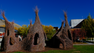 Patrick Dougherty's "Finders Keepers" sculpture of sticks and samplings outside the Center for the Arts in Jackson, Wyoming